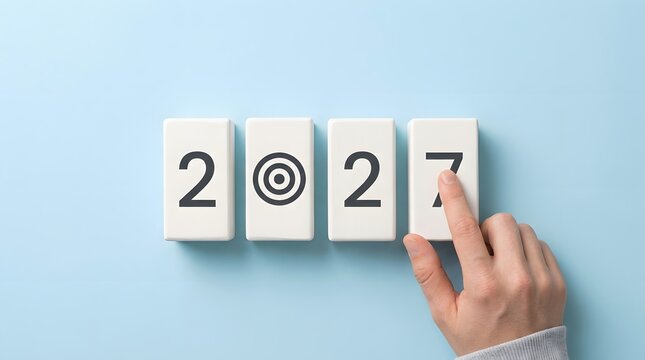 Hand adjusting blocks displaying the year 2027 with a target symbol in between