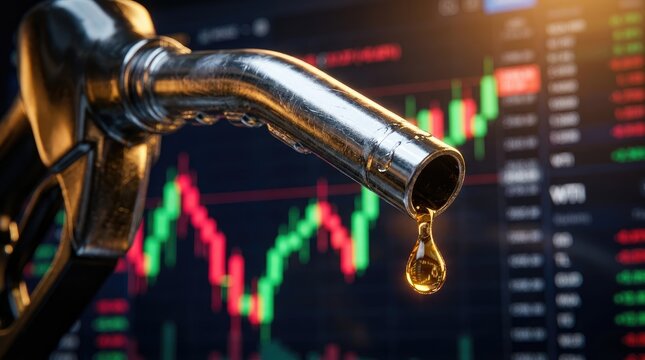 Metal fuel pump nozzle releasing one single glowing drop of oil against financial stock market charts background