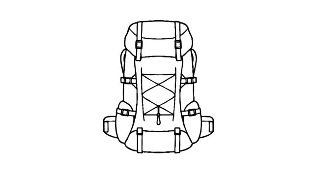 Expedition rucksack with a cord-lacing grid across its front panel, cinch buckles on the sides and a strapped top flap, drawn as a bold contour vector icon for mountain trekking