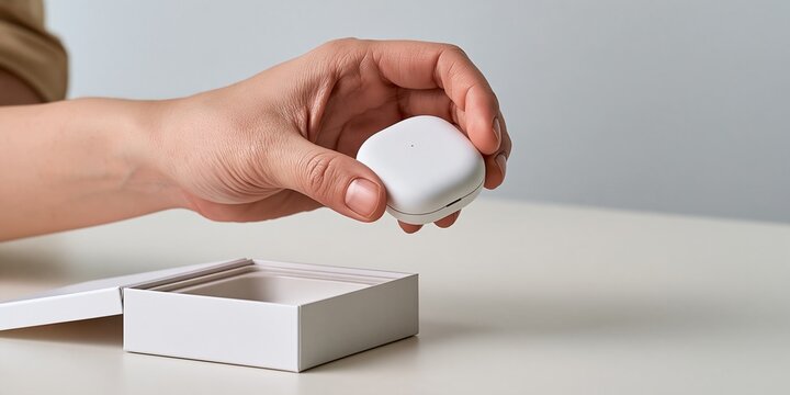 Hand Holding Wireless Earbuds Case Above Open Box
