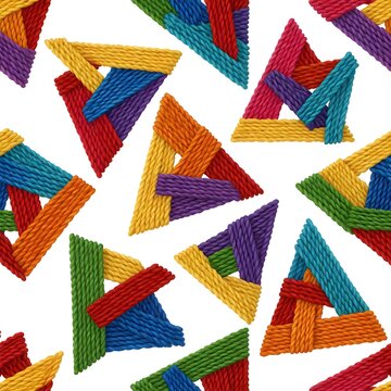 Seamless pattern of colorful braided rope twisted triangles on white background geometric handmade yarn craft texture vector illustration for textile design wallpaper tileable print