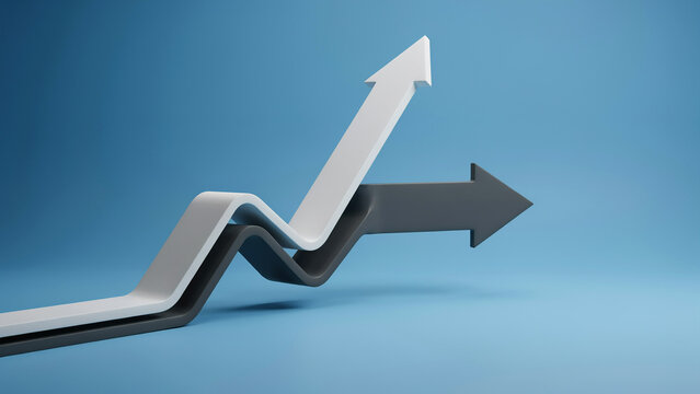 Rising white arrow breaking out from flat arrow on blue background