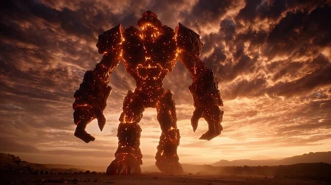 A giant glowing lava golem made of molten rock and fire stands in a vast desert landscape under a dramatic orange sunset sky with heavy clouds and glowing embers in the air