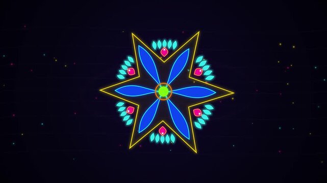 Neon Mandala Star Motion Graphic Animation With Glowing Geometric Petals And Vibrant Particle Effect