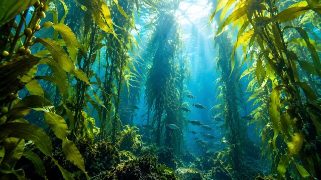 Sunlit kelp forest with schools of fish and streaming light creates a marine habitat