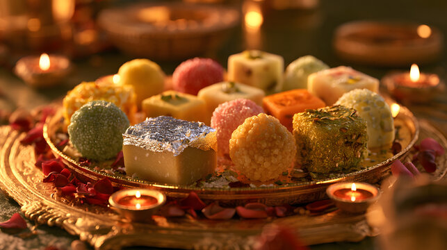 Indian Diwali mithai platter beautifully arranged with kaju katli topped with silver work.