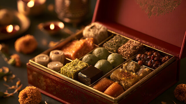 Indian Diwali sweets displayed inside an open premium red-and-gold decorative gift box.