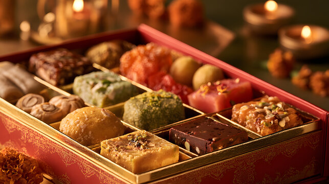Indian Diwali sweets displayed inside an open premium red-and-gold decorative gift box.