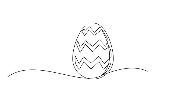 Animated line art drawing of Easter egg with decorative zigzag pattern, continuous line illustration on white background