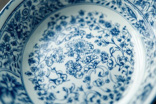 Intricate cobalt motifs decorate a white porcelain plate, highlighting fine artisan detailing and timeless tableware design