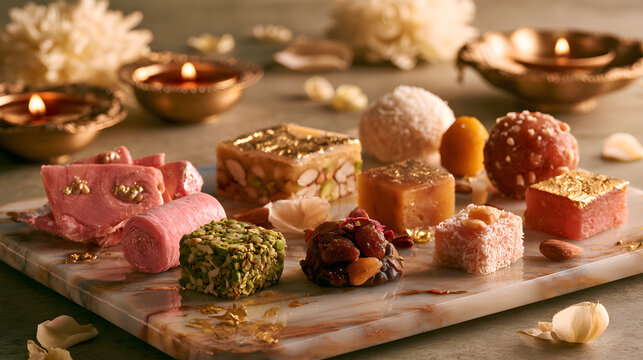 Indian mithai beautifully placed on a luxurious marble serving tray, featuring rose-flavored pink kaju katli.