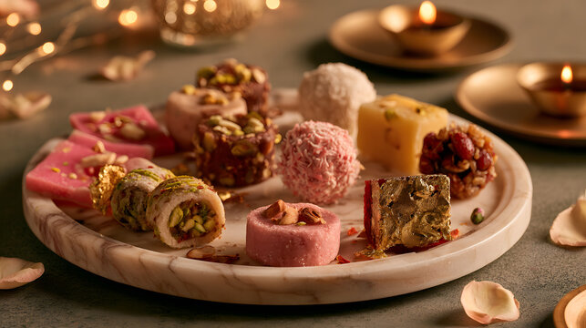 Indian mithai beautifully placed on a luxurious marble serving tray, featuring rose-flavored pink kaju katli.