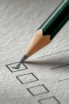 Pencil checkbox paper closeup green textured mark survey checklist concept macro detail office stationery voting form exam