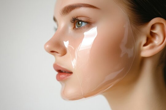 Subtle facial contouring strips rest against clear skin in a close-up beauty treatment scene