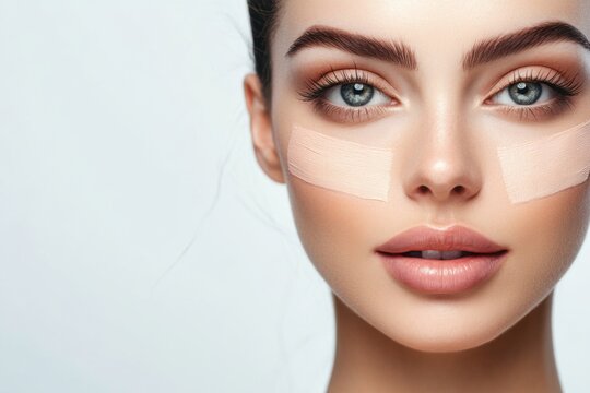Woman demonstrates a facial contouring routine with adhesive lifting strips applied along her cheeks, in a clean beauty setting