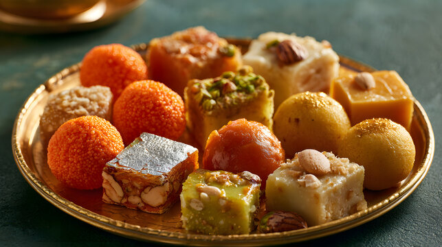 Indian Diwali mithai platter beautifully arranged with kaju katli topped with silver work.