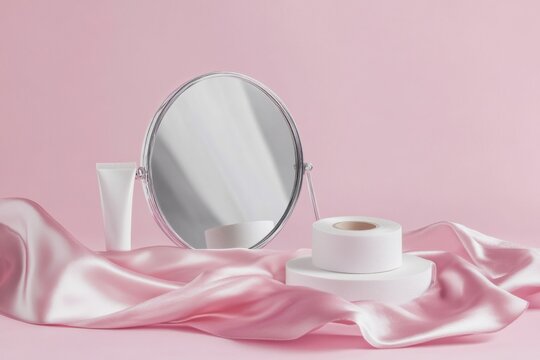 Neatly arranged facial contouring strips beside a compact mirror, creating a clean and understated beauty still life