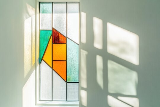 Contemporary apartment flooded with filtered daylight through geometric colored-glass panels, blending architectural simplicity with artistic detail