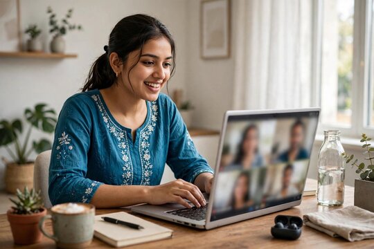Young Indian professional woman in kurta on laptop video call at home office