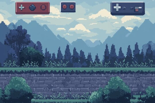 Nostalgic 8-bit screen design with subdued hues, blocky graphics, and a clean old-school gaming aesthetic