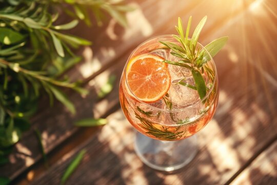 Chilled cucumber-basil spritz on a sun-warmed wooden tabletop, garnished with fresh herbs for a summery feel