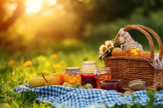 Sunlit countryside picnic with a checkered throw, fruit preserves, seasonal produce, and a woven basket
