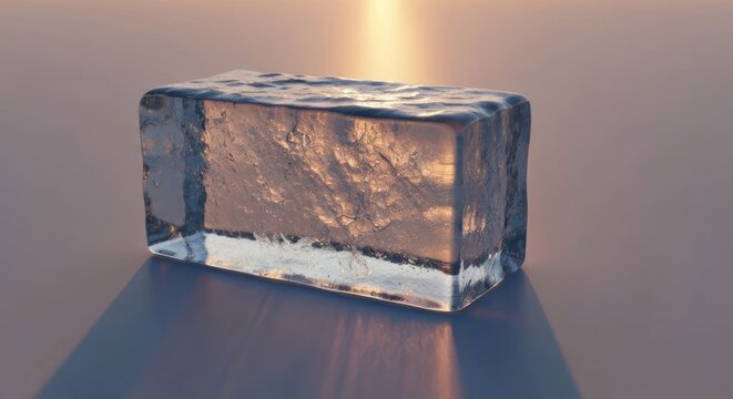 Translucent rectangular ice block on pale surface, illuminated by warm sunset light, casting a shadow