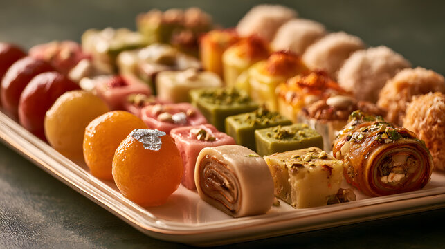 Indian festive sweets arranged beautifully in artistic rows on a luxurious ivory ceramic platter.