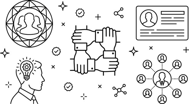 Business teamwork and leadership line art icon set featuring corporate unity network connection profile avatar vector illustration bundle