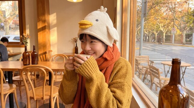 Young woman in a cozy yellow sweater and a cute duck hat enjoying a warm drink inside a sunlit cafe during a peaceful autumn afternoon