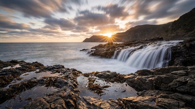 Golden Sunset Over Dramatic Rocky Coastline With Silky Flowing Waterfall and Cloud Streaks