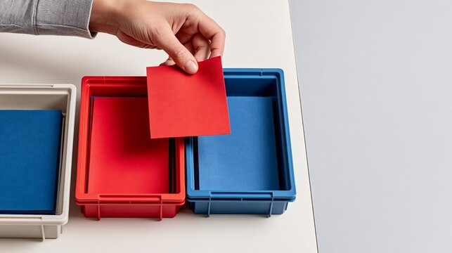 Hand Sorting Red Card Into Color Coded Bins