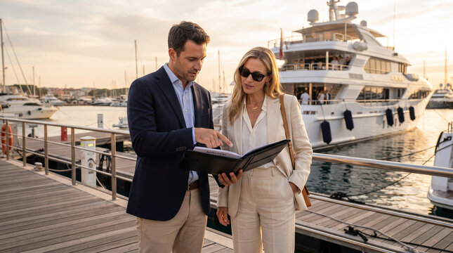 Broker and client reviewing agreement at luxury yacht marina