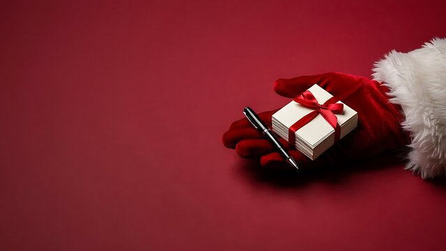 Santa claus hand wearing a red velvet glove holding a stack of blank white cards with a red ribbon and a black pen on a deep red background