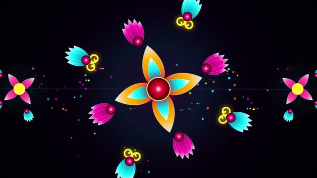 Vibrant Neon Floral Kaleidoscope Motion Graphic With Glowing Geometric Petal Animation Background