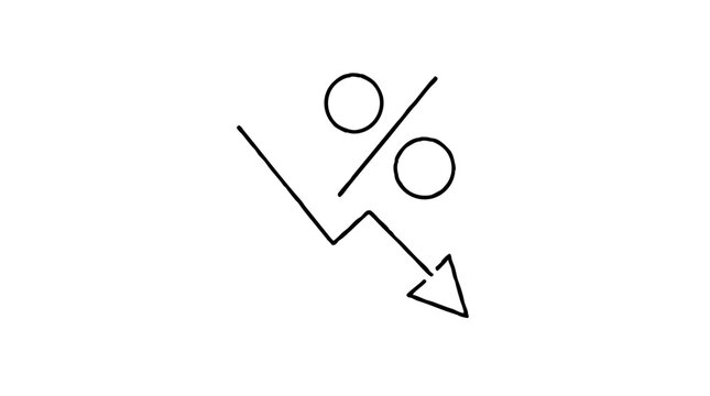Zigzag line ending in a downward arrowhead beside a percent sign, drawn as an outline vector icon for falling discounts, interest rates and price declines