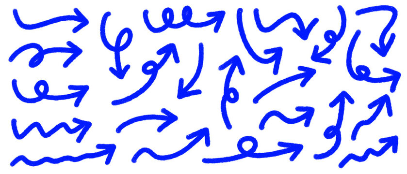 Blue hand drawn curved arrow set featuring scribble pointers spiral loops wavy zigzag lines upward and downward directional marks and thick uneven marker strokes on a transparent background