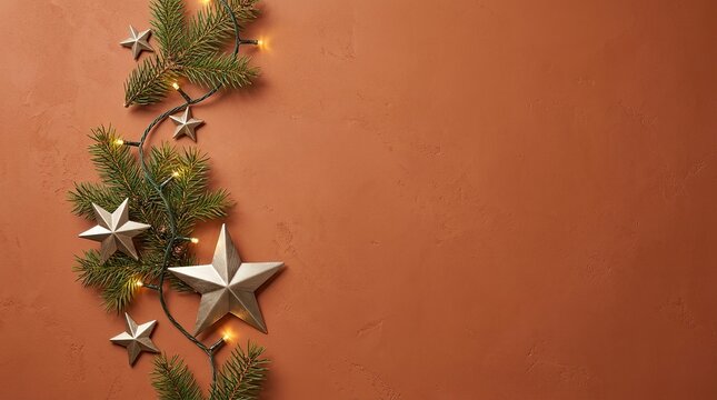 Fir branches with glowing string lights and large silver star ornaments on a textured terracotta orange background, festive holiday decoration