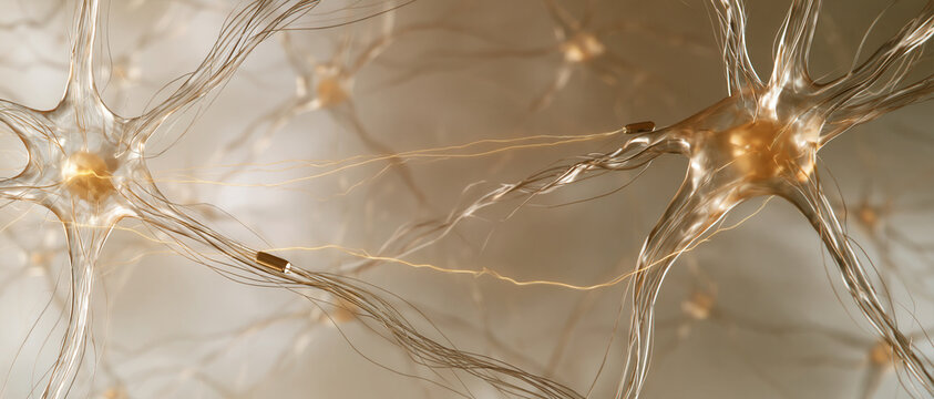 Neuron neural implant sensor interface signal technology brain network connection Neural implant sensor interface neuron network, golden glowing axon signal flow soft light background conveying