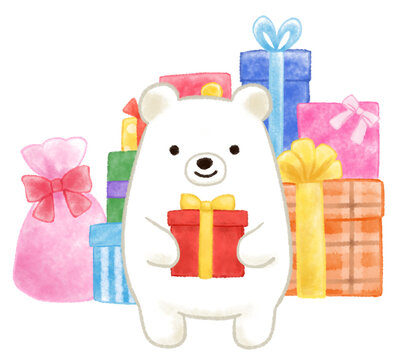 プレゼントを持つしろくまの水彩風イラスト