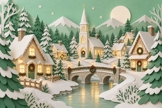 Paper cut Christmas village pastel green