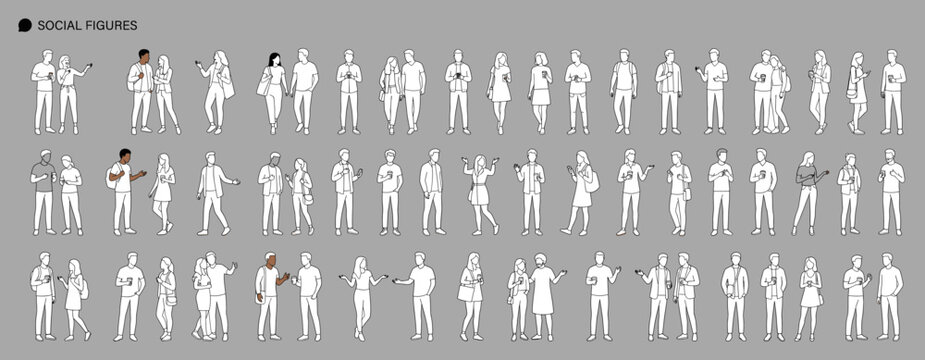 Friends and young adults standing together in casual clothing, architectural scale figures for elevation drawings, interior sections and urban design presentations, minimal line art vector 