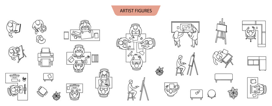 Creative Artists and Designers Top View CAD Human Figures Collection for Architectural Studio Floor Plans with Seated Painters Drawing Sketching and Art Equipment Vector Illustration