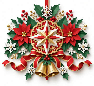 Layered paper cut Christmas star medallion isolated on white