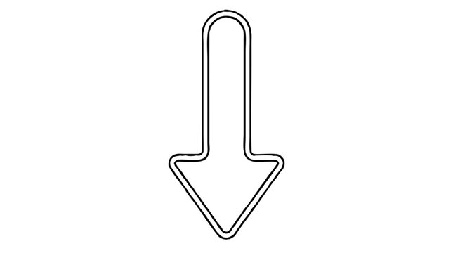 Thick downward-pointing arrow with a double rounded outline around its shaft and pointed head, drawn as a clean outline vector icon for download and direction symbols