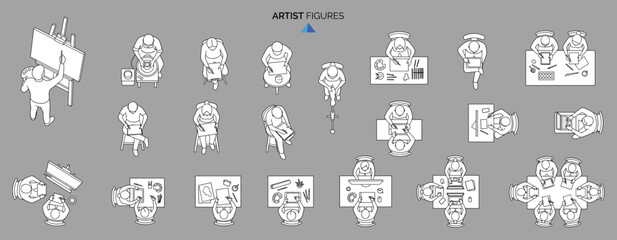 Obraz na płótnie Canvas Architectural Artist Figures from Above, Top View Seated People Sketching and Painting at Easels for Art Studio Floor Plans, Classroom Layouts and Interior Design, Line Art Vector Illustration