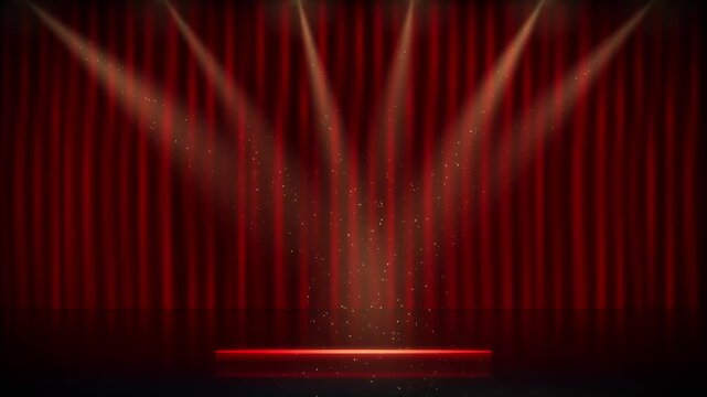 red empty stage featuring spotlights, smoke effects, curtain and a pedestal podium 4k animation footage template for product display advertisement 