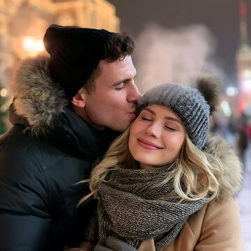 Romantic young couple kissing on city street with steam breath on cold winter night