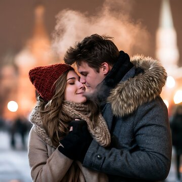 Romantic young couple kissing on city street with steam breath on cold winter night