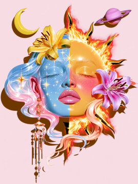 Duality of Nature: Sun and Moon Face Art with Flowers